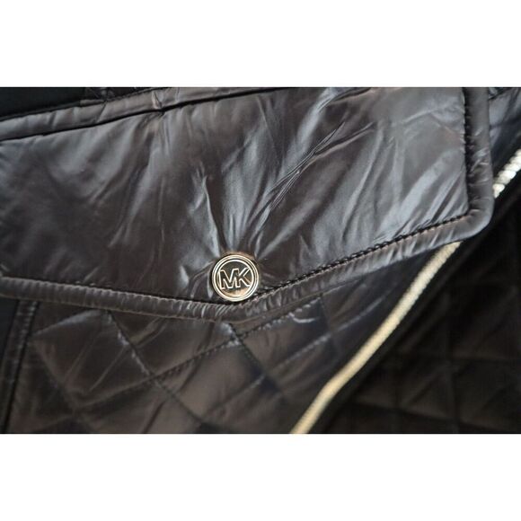 Michael Kors Women Sz M Black Faux-Fur-Trim Mixed Media Hooded Quilted Coat - Picture 5 of 16